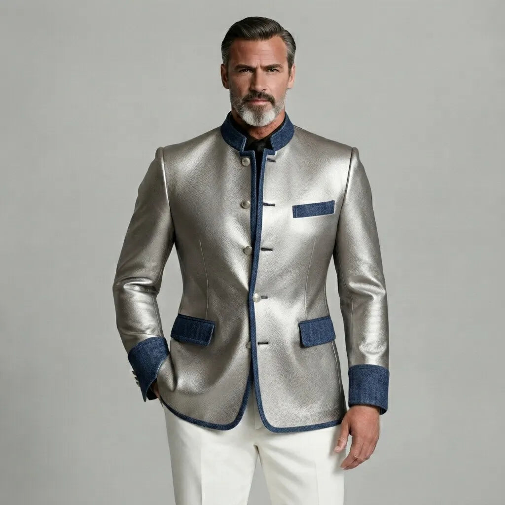 Men's Vintage Silver Mandarin Collar Single Breasted Denim Trim Slim Fit PU Leather Jacket