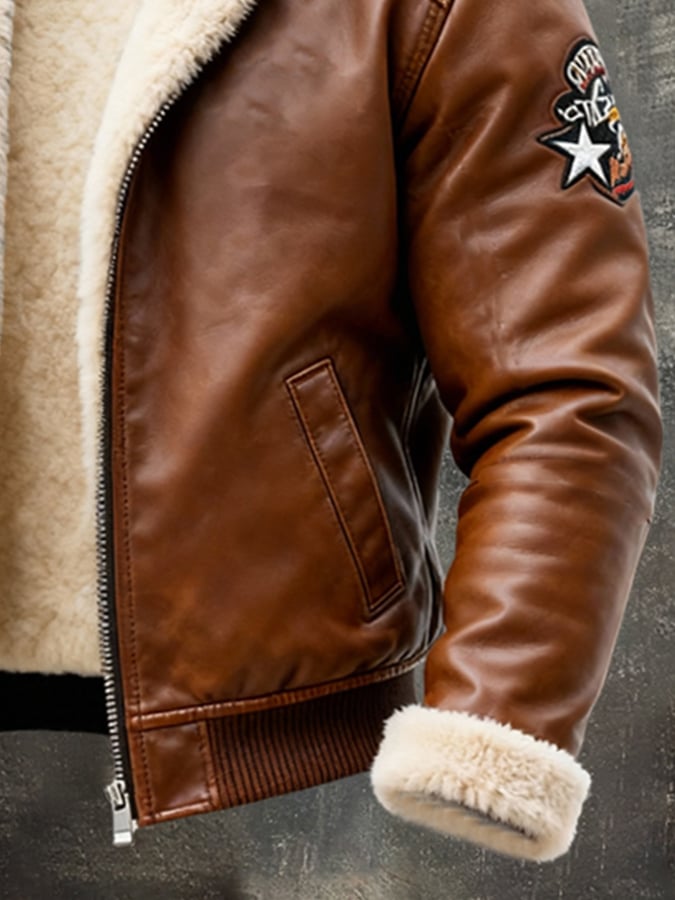 Men'S Vintage Warm Plush Soft Leather Outdoor Jacket