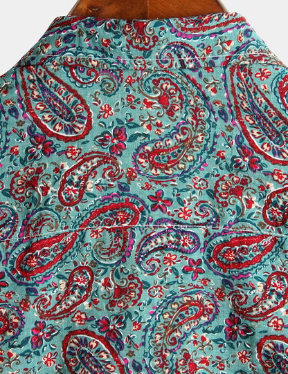 Men's Paisley Cotton Short Sleeve Button Up Vintage Shirt