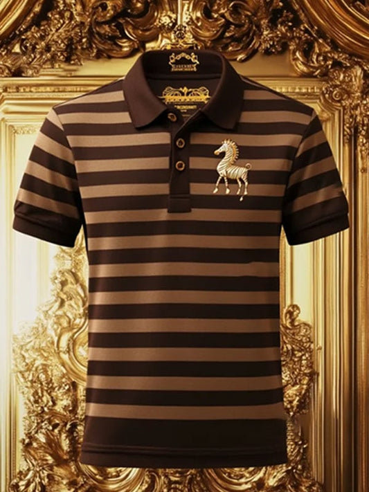 Men's Striped Business Logo Lapel Short Sleeve Polo Shirt