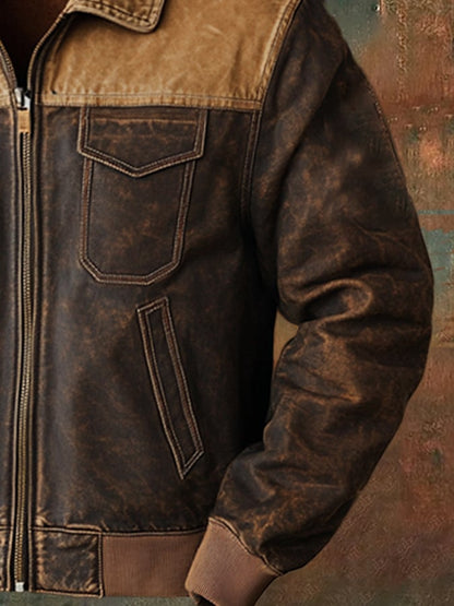 Men's Vintage Suede Patchwork Lamb Fleece Multi-Pocket Reverse Collar Outdoor Jacket Coat
