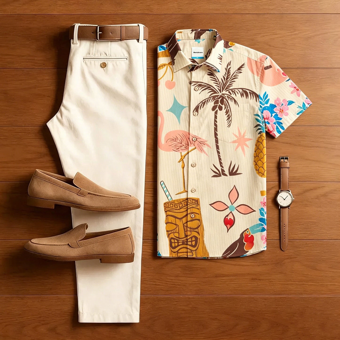 Men's Hawaiian Style Print With Polo Collar Shirt & Pants Two-Piece Set