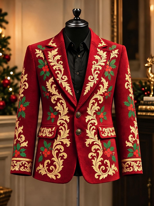 Men's Christmas Plant Floral Corduroy Casual Blazer
