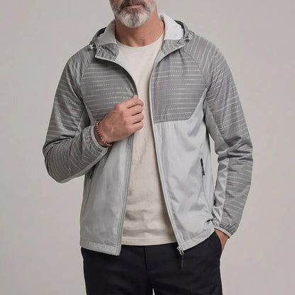 Men's Outdoor Stripe Pattern Zipper Slant Pocket Hooded Windproof Jacket