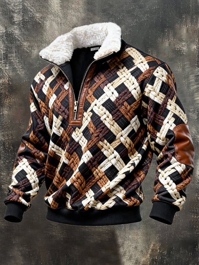 Men's Retro Color Block Print Casual Fur Collar Long Sleeve Sweatshirt