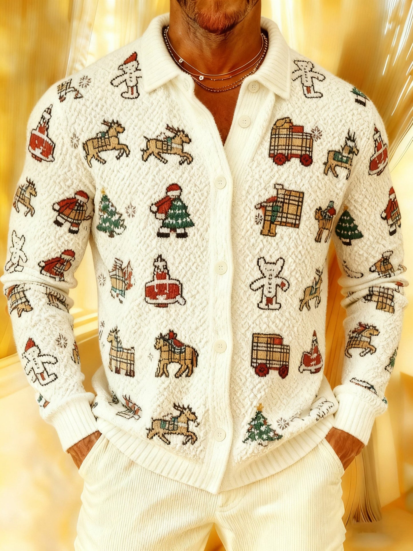 Men’s Christmas Tree Santa Soft Cozy Knit Cardigan Shirt