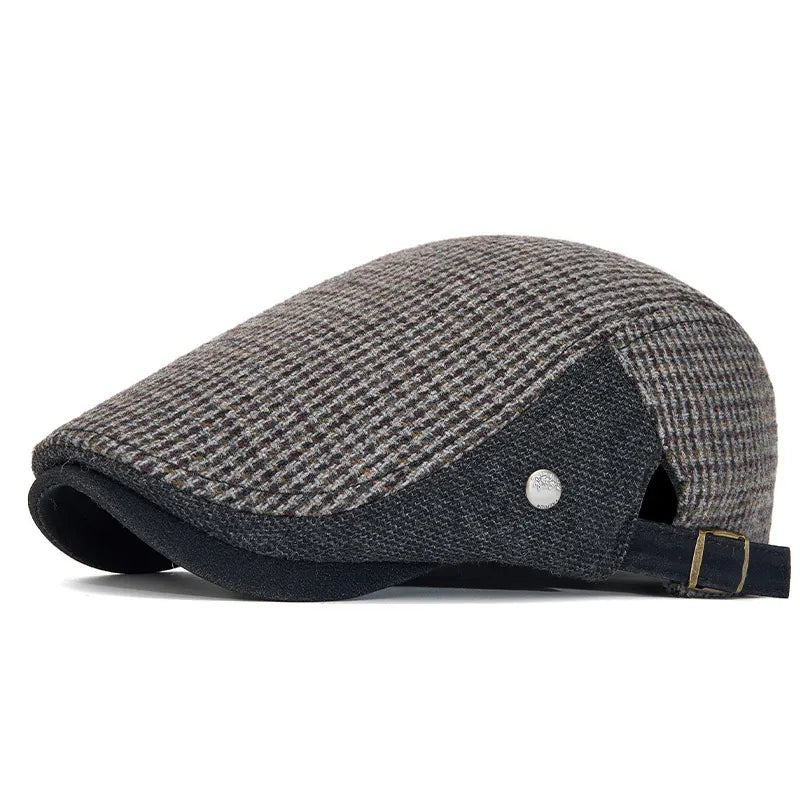 Men's Vintage Houndstooth Patchwork Adjustable Buckle Strap Flat Cap