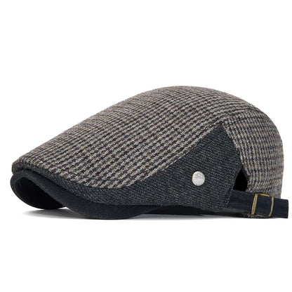 Men's Vintage Houndstooth Patchwork Adjustable Buckle Strap Flat Cap