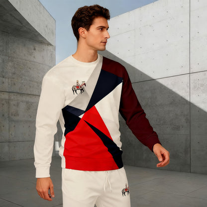 Men's Casual Color Matching Printed Round-Neck Long-Sleeve Sweatshirts Trousers Two-Piece Set