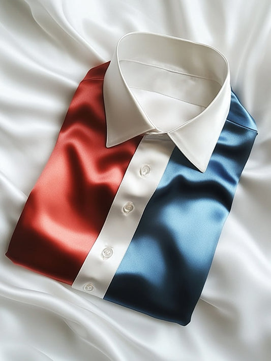 Men's Business Casual Blue and Red Block Design Lapel Short Sleeve Shirt