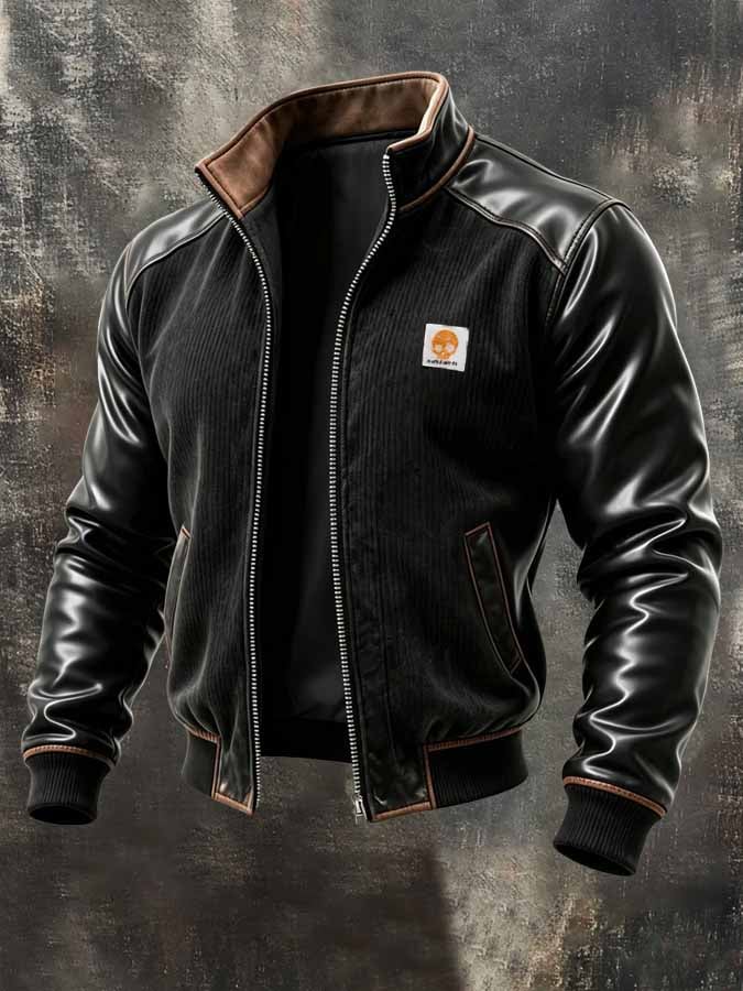 Men'S Retro Corduroy And Leather Panel Outdoor Jacket