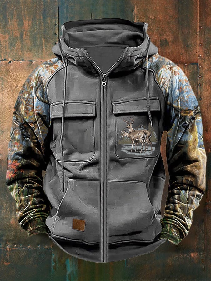 Men's Vintage Western Deer Print Multi-Pocket Jacket