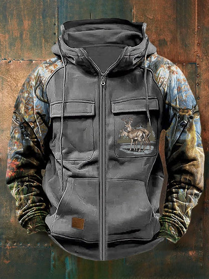 Men's Vintage Western Deer Print Multi-Pocket Jacket