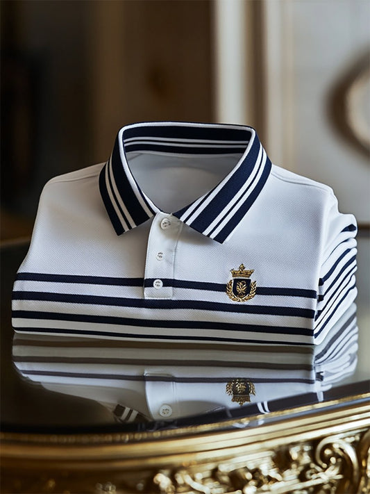 Men's Business Casual Striped Logo Button Short Sleeve Polo Shirt