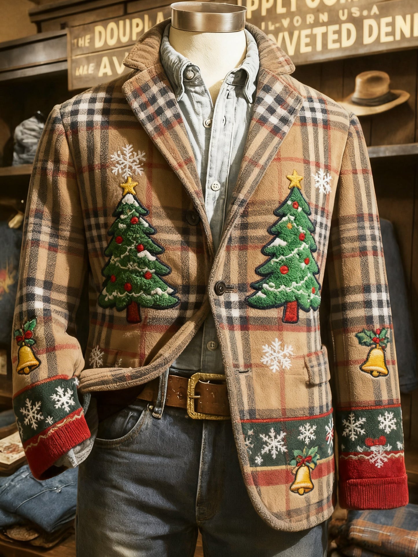 Vintage Christmas Tree Plaid Print Casual Jacket