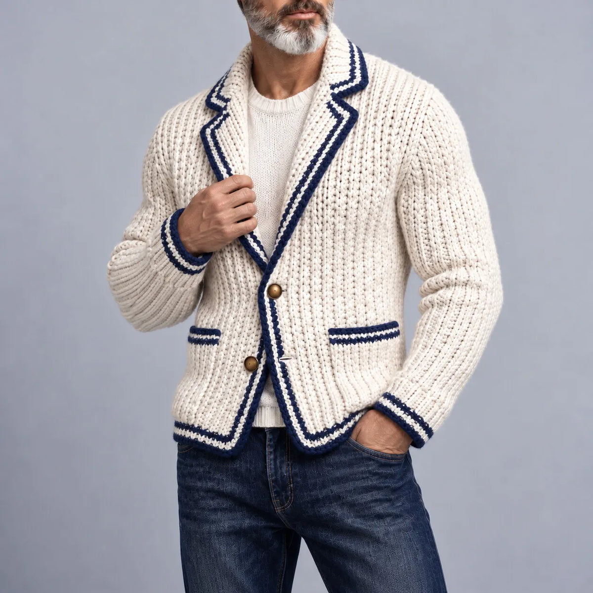 Men's Ivory Contrast Binding Notch Lapel Patch Pockets Single Breasted Chunky Knit Blazer