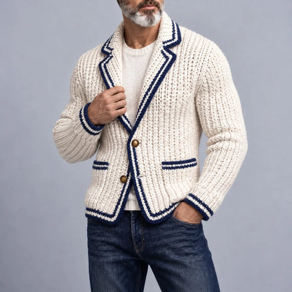 Men's Ivory Contrast Binding Notch Lapel Patch Pockets Single Breasted Chunky Knit Blazer