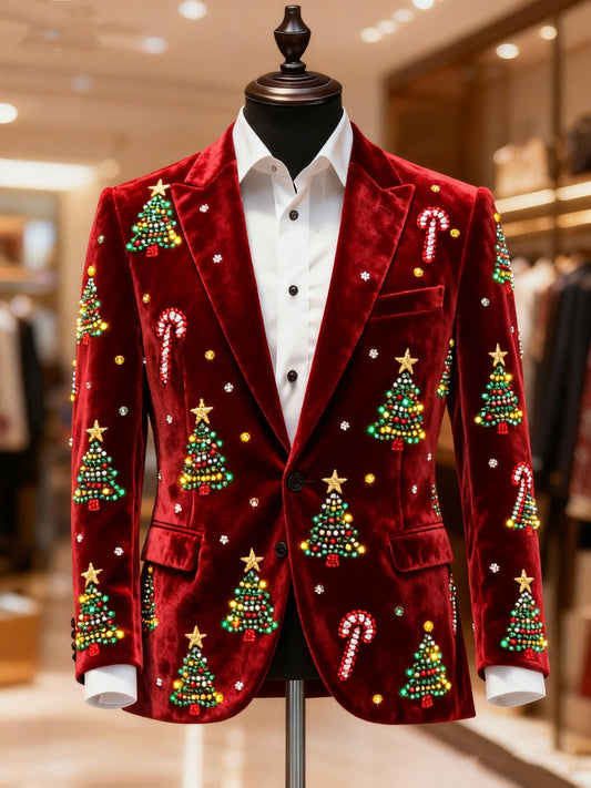 Men's Christmas Tree Candy Cane Casual Print Large Pocket Blazers