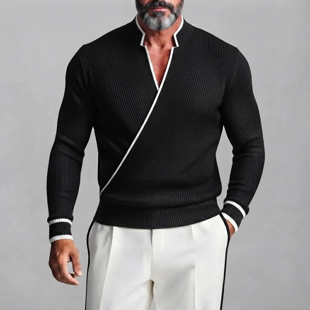 Men's Black Ribbed Knit Stand Collar Contrast Piping Slim Fit Wrapped Sweater