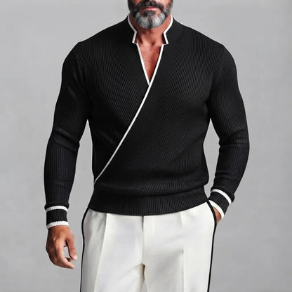 Men's Black Ribbed Knit Stand Collar Contrast Piping Slim Fit Wrapped Sweater