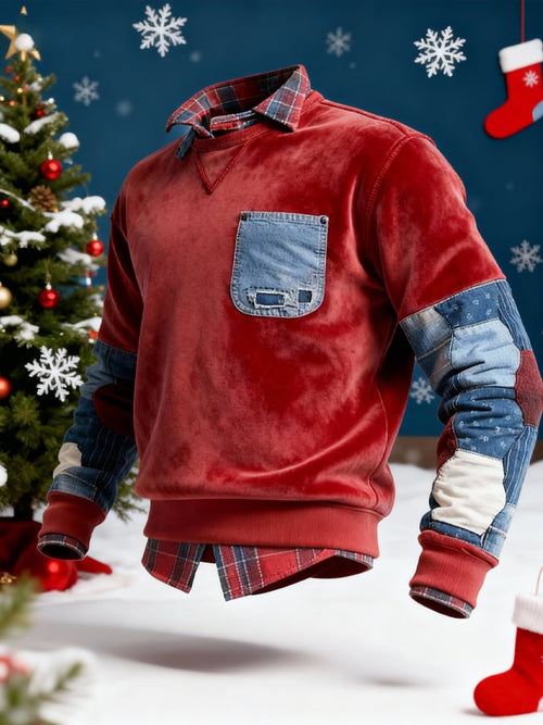 Men's Warm Suede Patchwork Color-Blocked Plaid Faux Two-Piece Christmas Sweatshirt