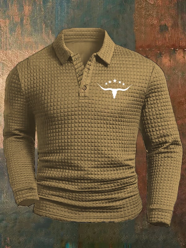 Men's Western Cow Head Design Casual Square Fabric Polo Shirt