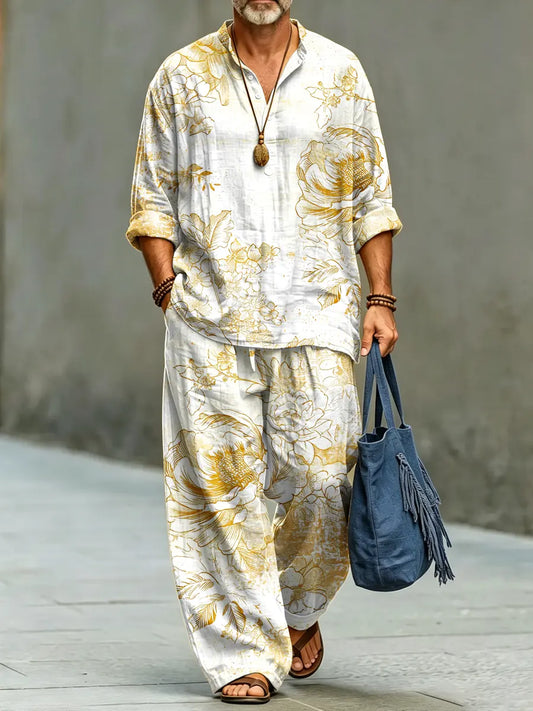 Men's Abstract Florals Print Cotton Shirt Set