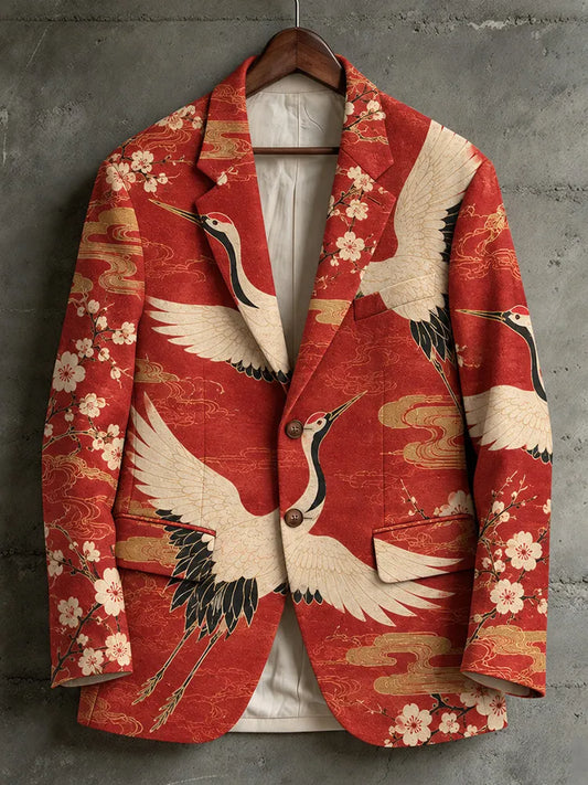 Men's Vintage Japanese Crane And Floral Print Casual Blazer