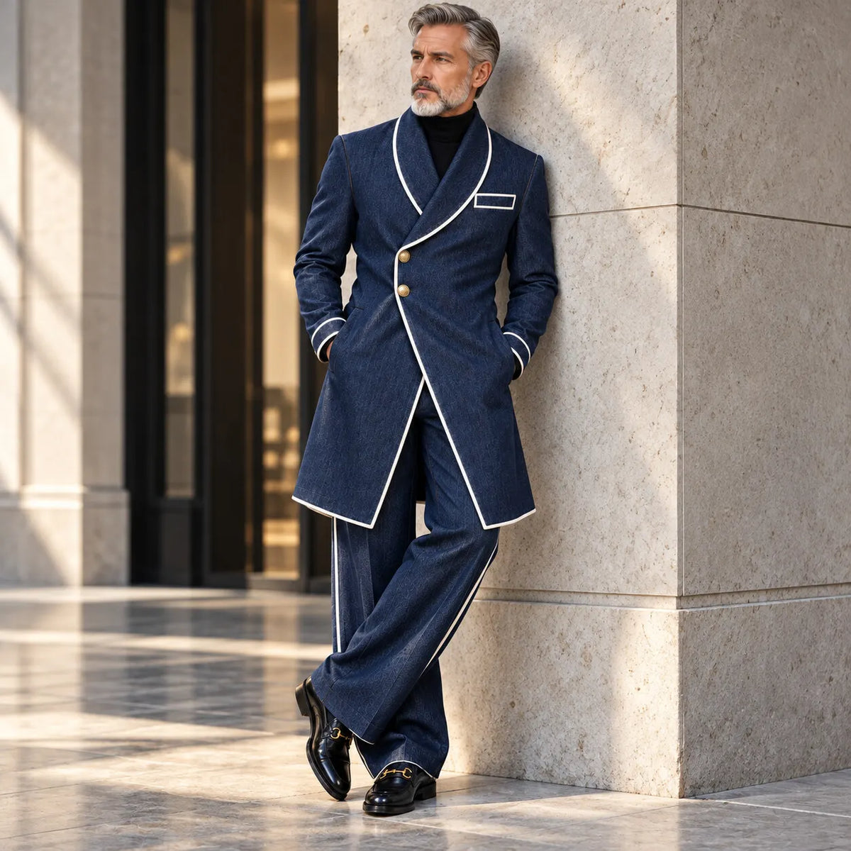Men's Navy Blue Contrast Piping Shawl Lapel Asymmetrical Overcoat & Pants Denim-Like 2Pcs Set