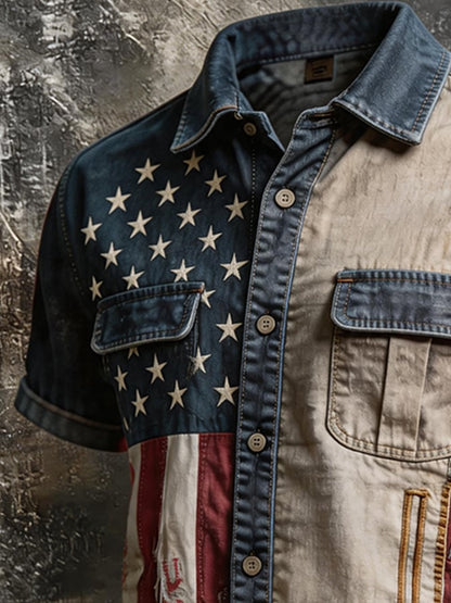 Men's Split American Flag Patchwork Distressed Short Sleeve Shirt, Vintage Button Up Casual Top