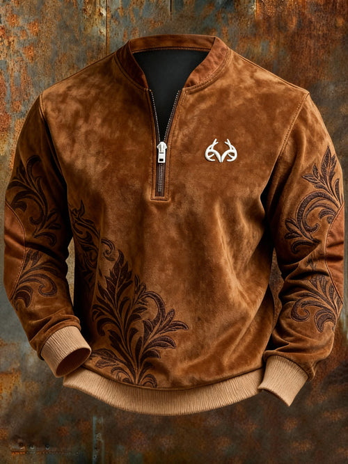 Vintage Suede Western Print Zipper Sweatshirt