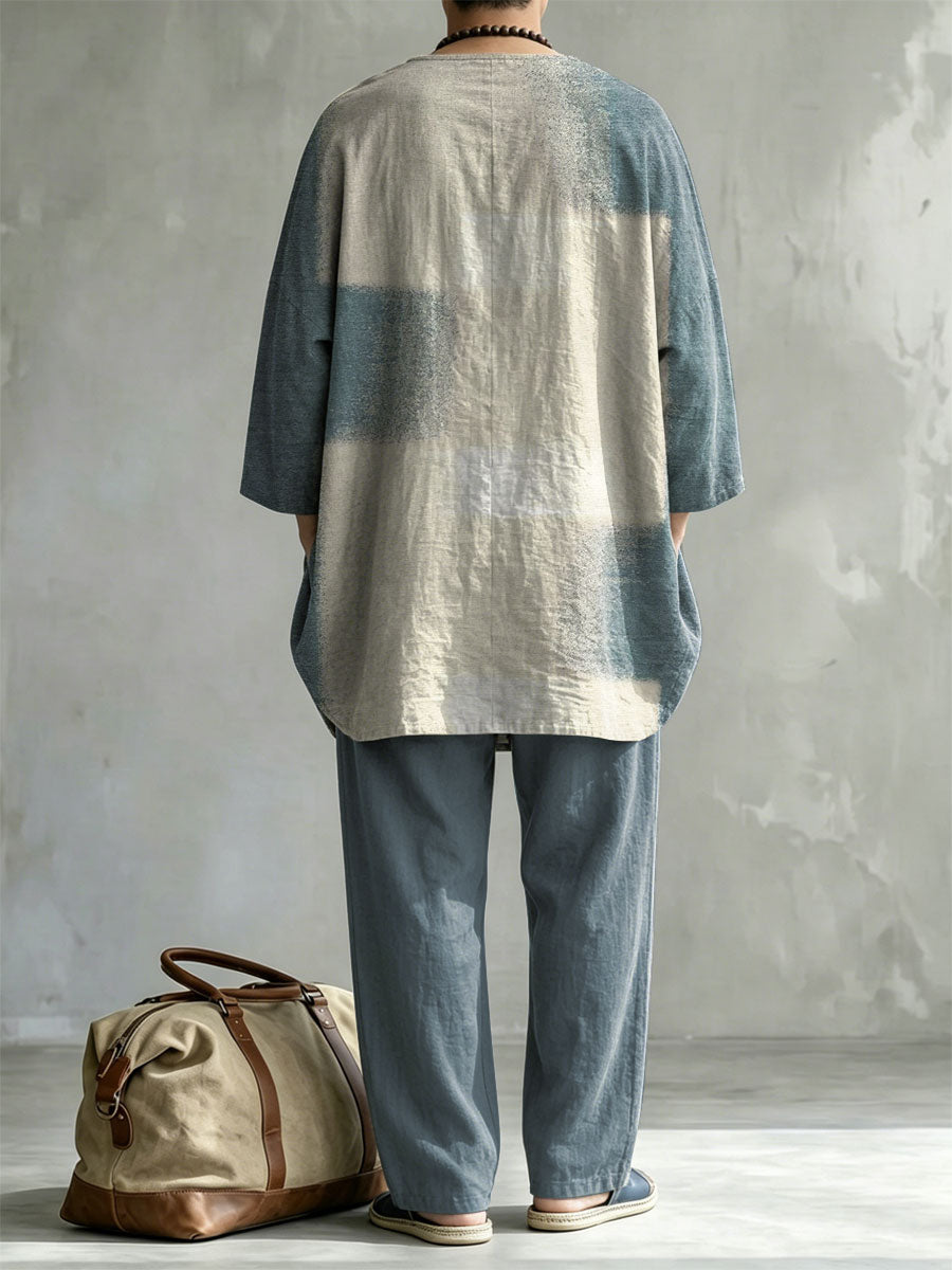 Men's Abstract Color Print Casual Round Neck Short-sleeve Linen Top Shorts Two-piece