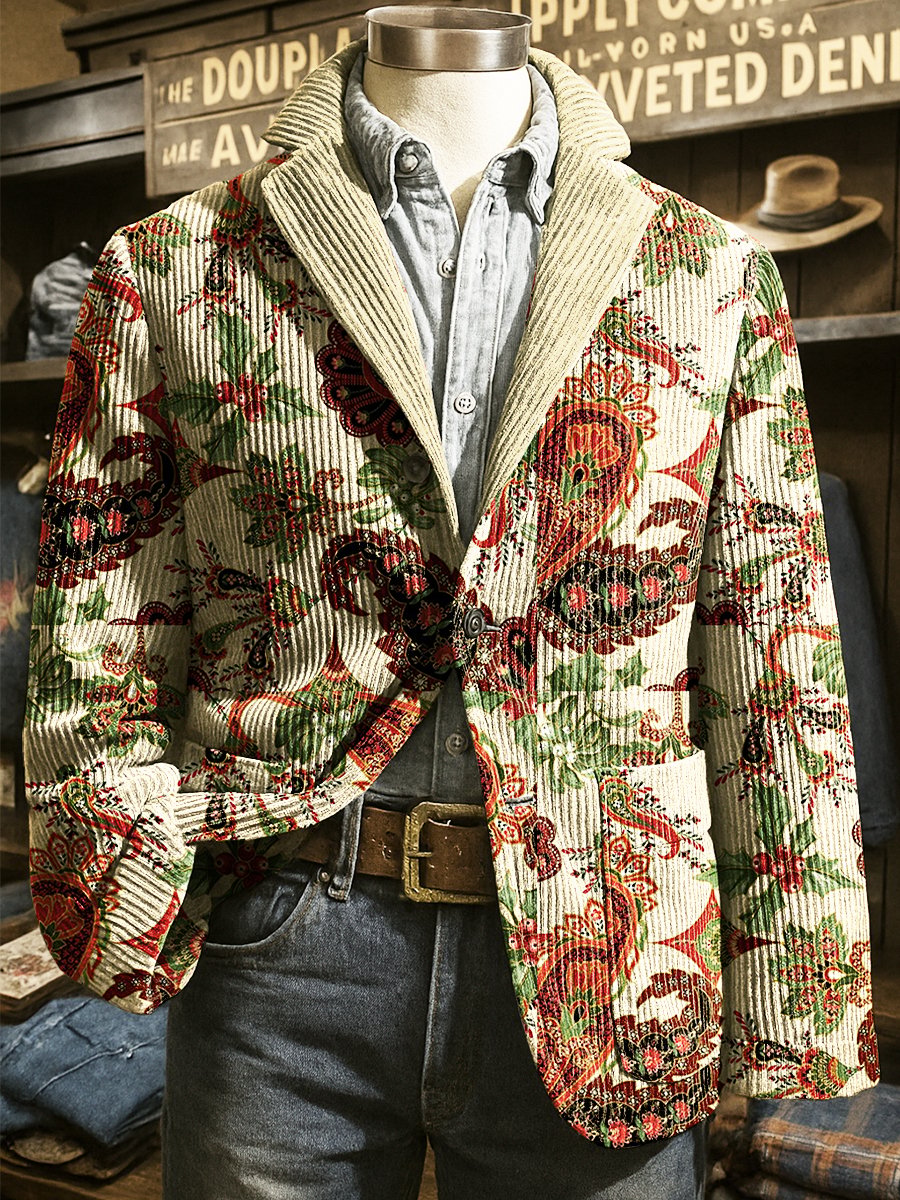 Men's Corduroy Christmas Holly Paisley Lapel Blazer