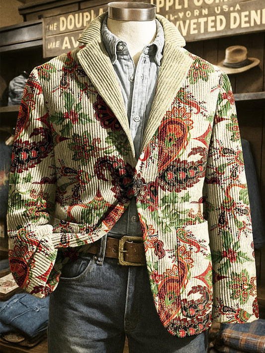 Men's Corduroy Christmas Holly Paisley Lapel Blazer