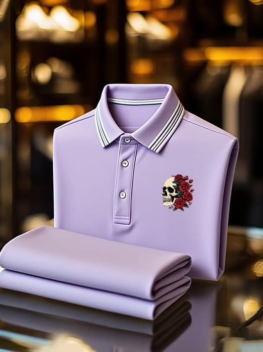 Men's Classic Business Skull Logo Button Short Sleeve Polo Shirt