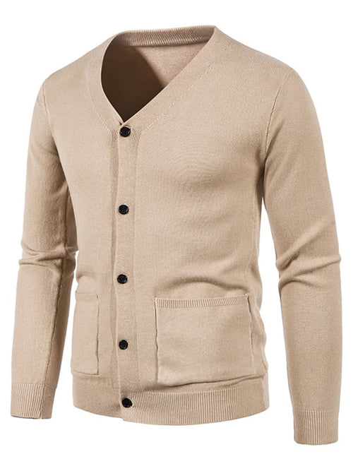 Men's Fashionable Pocket Button Design V-Neck Solid Color Sweater Jacket