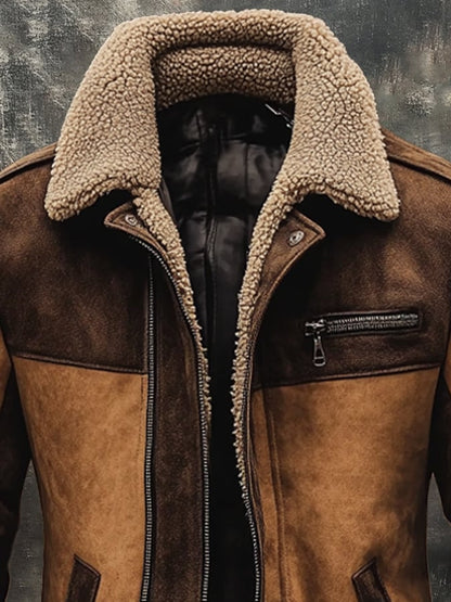 Men's Vintage Suede Patchwork Lamb Fleece Multi-Pocket Reverse Collar Outdoor Jacket Coat