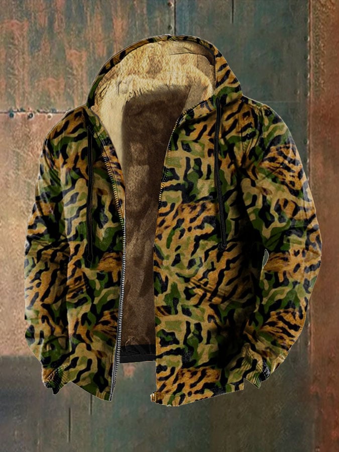 Men's Retro Camo Print Zip Hooded Jacket