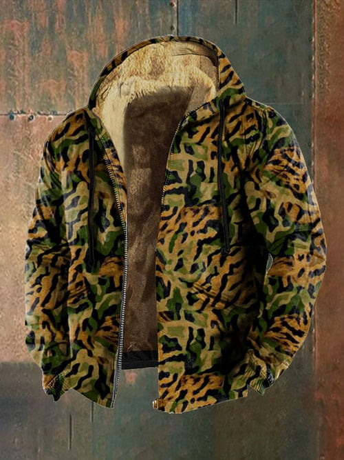 Men's Retro Camo Print Zip Hooded Jacket
