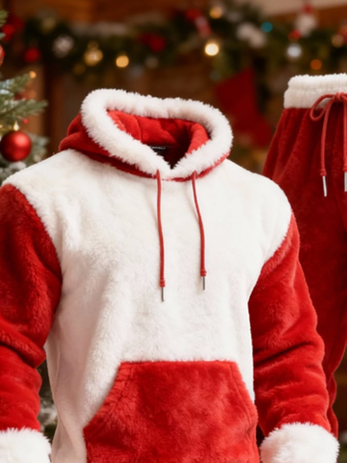 Men's Christmas Warm Plush Color-Blocked Casual Suit