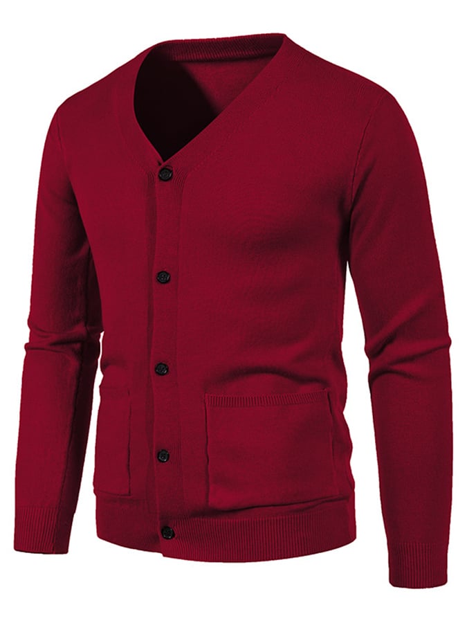 Men's Fashionable Pocket Button Design V-Neck Solid Color Sweater Jacket