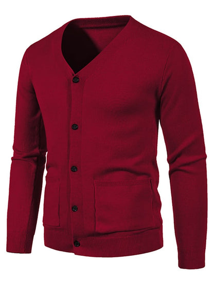Men's Fashionable Pocket Button Design V-Neck Solid Color Sweater Jacket
