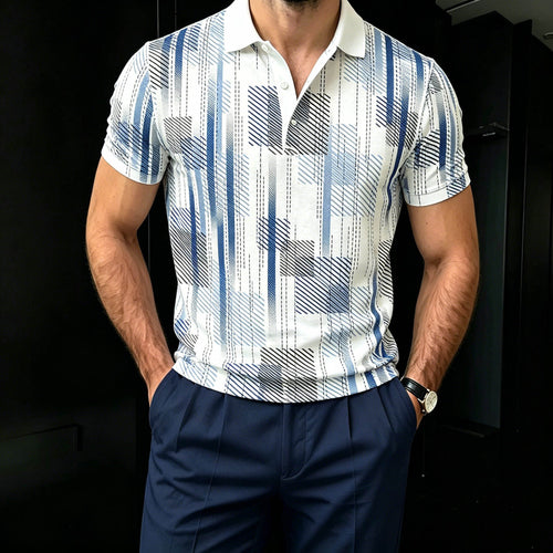 Men's Casual Blue Color Matching Geometric Printed Short Sleeves Polo Shirt
