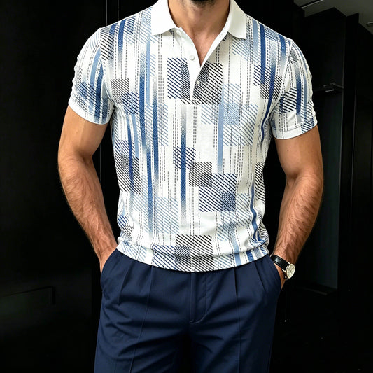 Men's Casual Blue Color Matching Geometric Printed Short Sleeves Polo Shirt