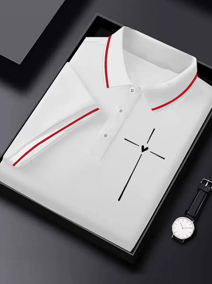 Men's Retro Faith Cross Print Polo Shirt