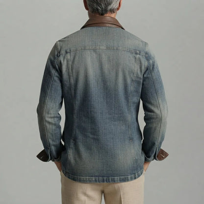 Men's Vintage Multi-Pocket PU Leather Patchwork Turndown Collar Zip-Up Denim Jacket