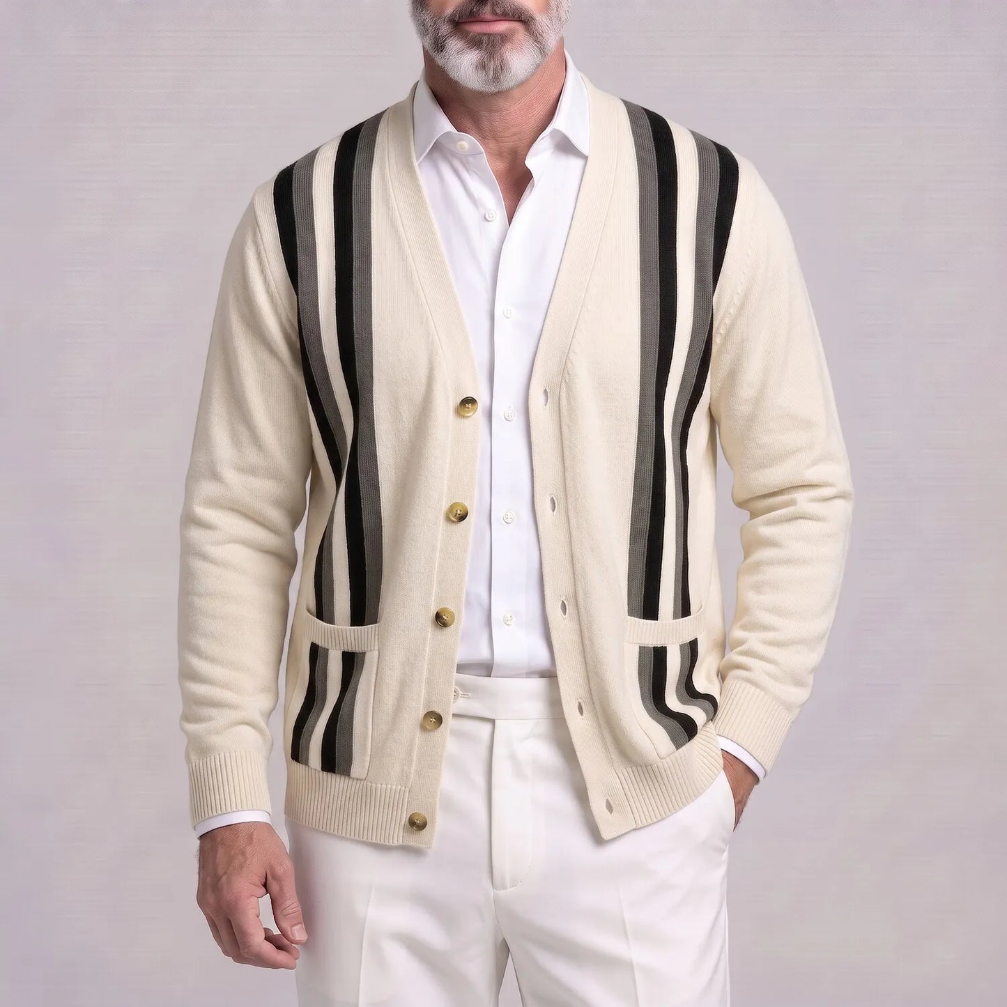 Men's Classic Contrast Striped V Neck Single Breasted Patch Pockets Knitted Cardigan
