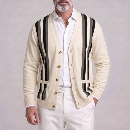 Men's Classic Contrast Striped V Neck Single Breasted Patch Pockets Knitted Cardigan