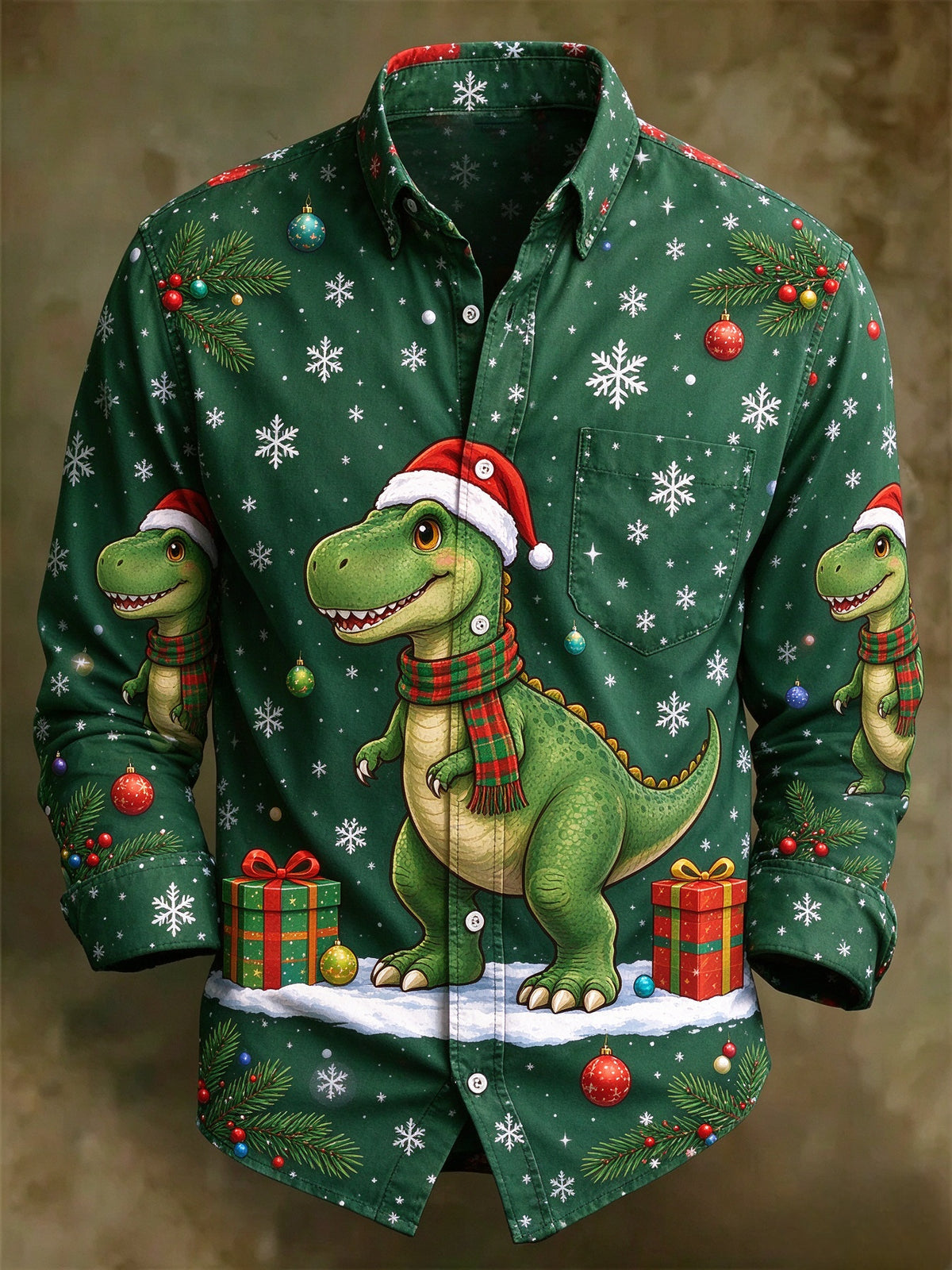 Men's Christmas T-Rex Dinosaur Long Sleeve Button Up Holiday Shirt