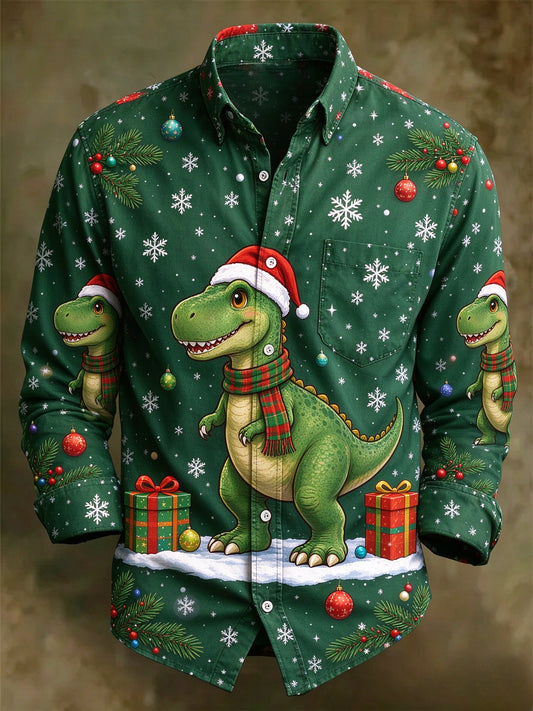 Men's Christmas T-Rex Dinosaur Long Sleeve Button Up Holiday Shirt
